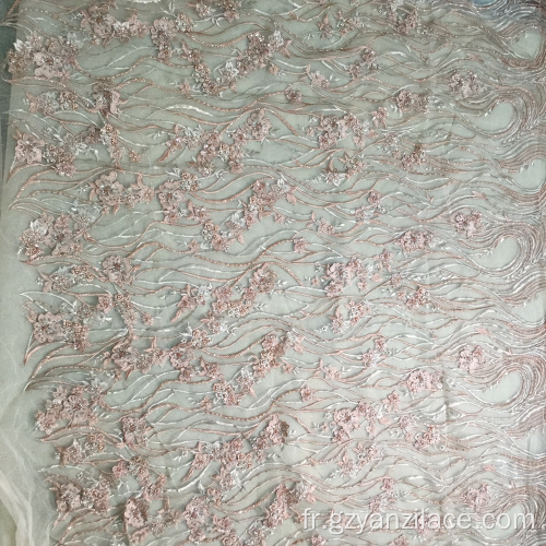 Tissu à fleurs Handmde en tulle avec perles rose foncé